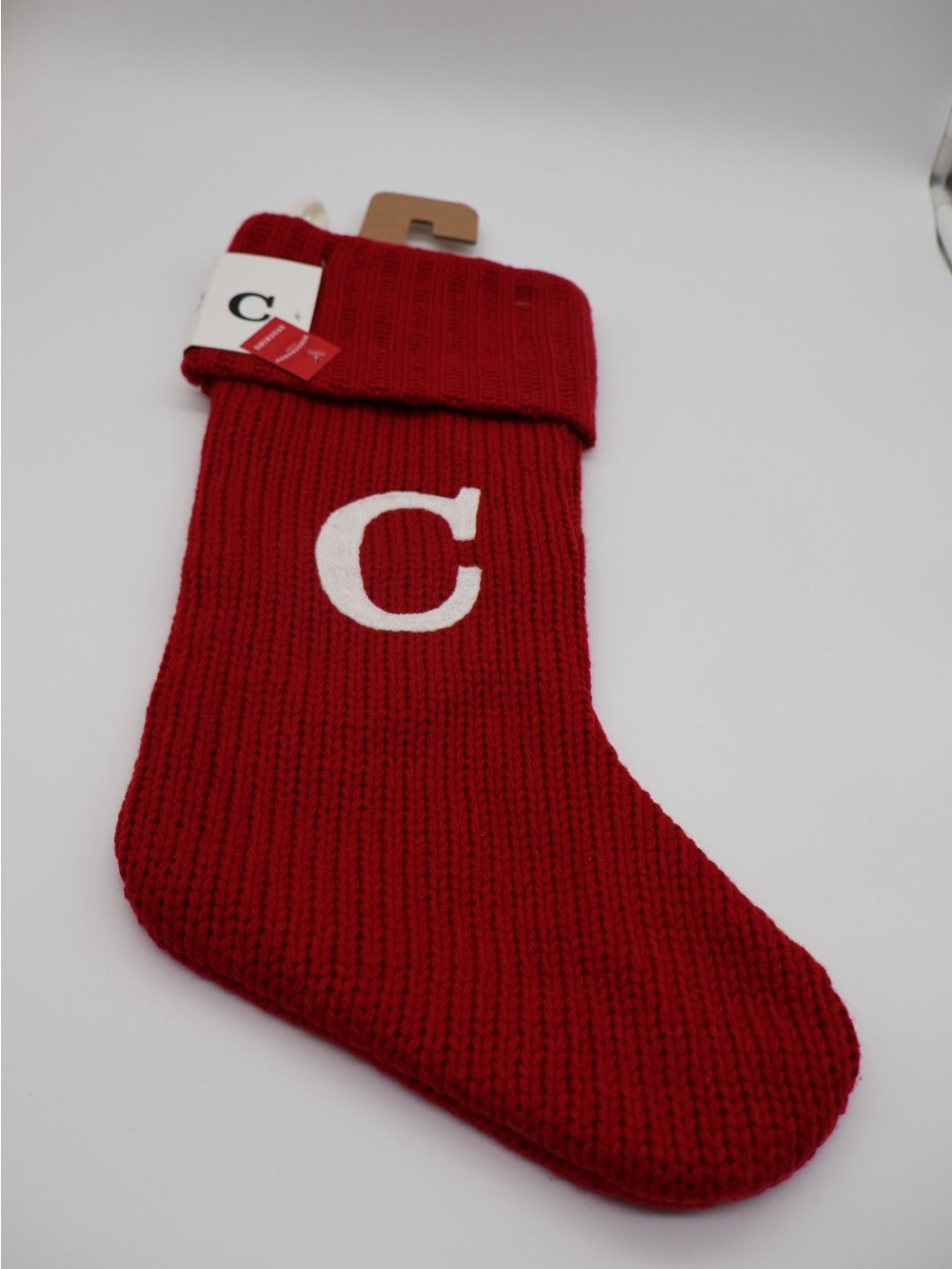 C Red Knit Holiday Stocking with White 'C' Initial